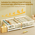 Slsy Twin Size Toddler Floor Bed, Solid Wood Montessori Bed Frame with Fence & Door Montessori Floor Bed Crib with Safety Guardrails for Girls and Boys