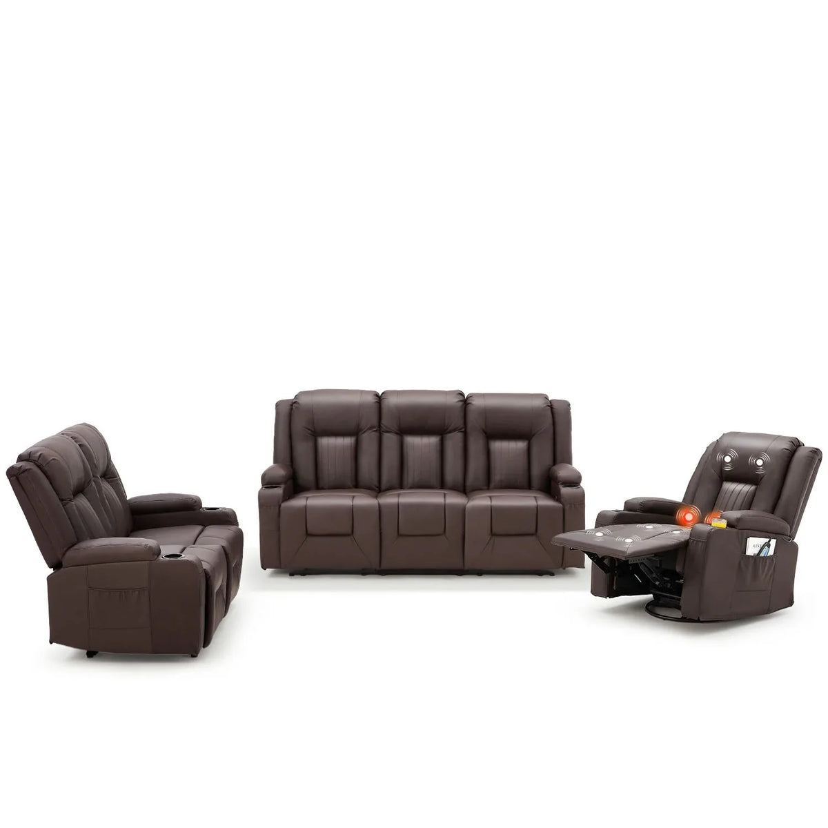 AECOJOY 3 PCS Leather Recliner Sofa Set with Swivel Massage Chair, Brown