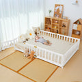 Slsy Twin Size Toddler Floor Bed, Solid Wood Montessori Bed Frame with Fence & Door Montessori Floor Bed Crib with Safety Guardrails for Girls and Boys