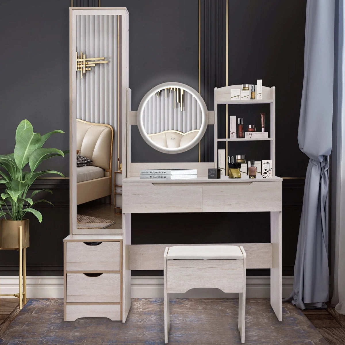 Ubesgoo Lighted Vanity Table Set, Dressing Table with Full Length Mirror, Bedroom Makeup Table with Hidden Stoarge Cabinet, White Oak Color