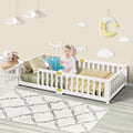 Slsy Twin Size Toddler Floor Bed, Solid Wood Montessori Bed Frame with Fence & Door Montessori Floor Bed Crib with Safety Guardrails for Girls and Boys