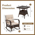 3-Piece Outdoor Wicker Rocking Chair Set, Rattan Bistro Rocker Furniture with Cushions & Pillows, Tempered Glass Coffee Table for Porch Balcony