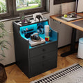 Nightstand with 3 Drawers and Shelves, Night Stand with LED Lights and USB Port Charging Station, LED Bedside Table with Hutch, Black