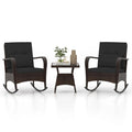 3-Piece Outdoor Wicker Rocking Chair Set, Rattan Bistro Rocker Furniture with Cushions & Pillows, Tempered Glass Coffee Table for Porch Balcony