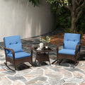 3-Piece Outdoor Wicker Rocking Chair Set, Rattan Bistro Rocker Furniture with Cushions & Pillows, Tempered Glass Coffee Table for Porch Balcony