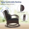 3-Piece Outdoor Wicker Rocking Chair Set, Rattan Bistro Rocker Furniture with Cushions & Pillows, Tempered Glass Coffee Table for Porch Balcony