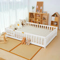 Slsy Twin Size Toddler Floor Bed, Solid Wood Montessori Bed Frame with Fence & Door Montessori Floor Bed Crib with Safety Guardrails for Girls and Boys