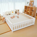 Slsy Twin Size Toddler Floor Bed, Solid Wood Montessori Bed Frame with Fence & Door Montessori Floor Bed Crib with Safety Guardrails for Girls and Boys