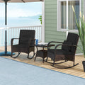 3-Piece Outdoor Wicker Rocking Chair Set, Rattan Bistro Rocker Furniture with Cushions & Pillows, Tempered Glass Coffee Table for Porch Balcony
